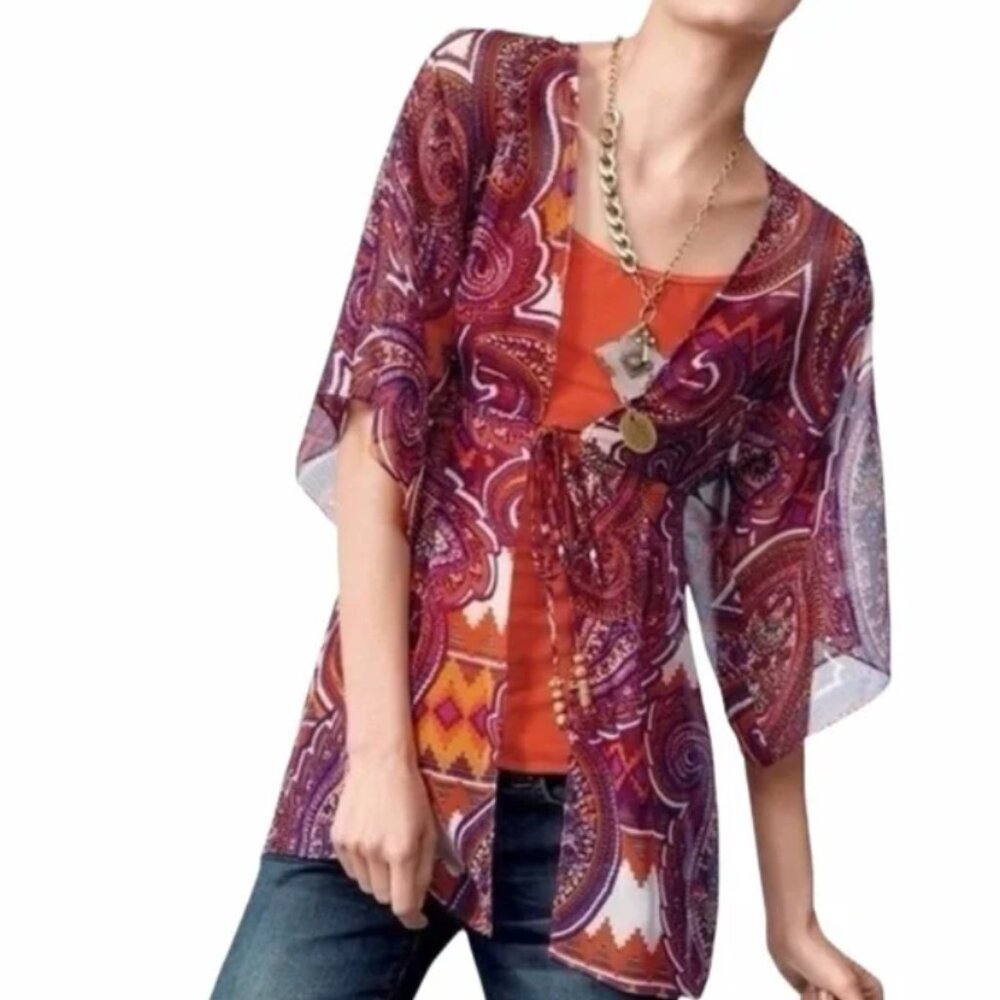 CAbi Large Purple Red Boho Paisley Tie Front Chiffon Duster Kimono Vacation